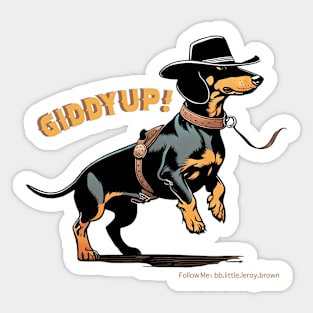 GIDDYUP! Black Tan Dachshund wearing cowboy hat & saddle Sticker